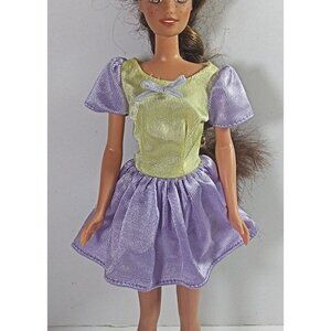 Vintage Barbie Doll Clothing Dress Mattel Purple Yellow Mini Short Sleeve Bow